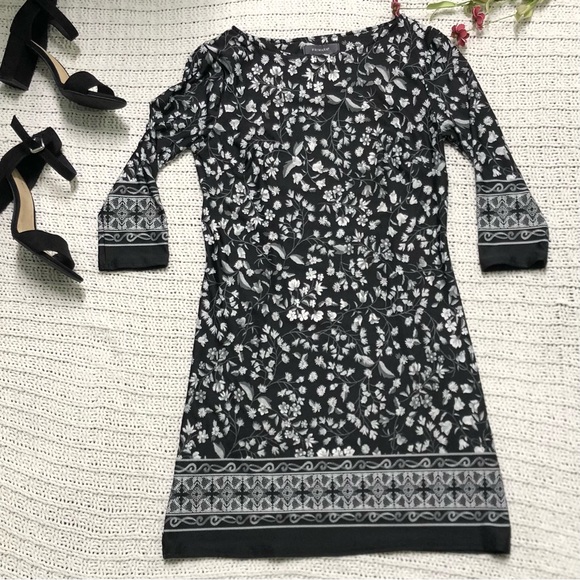 Primark Size 6 Black White Floral Stretch Dress LBD Office Teacher 3/4 sleeve - Picture 2 of 10